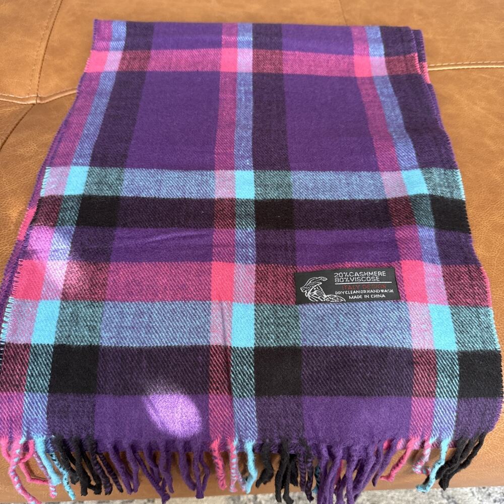 Women's Scarf Purple Blue Check Plaid Italy Design Cashmere Viscose 68x13”